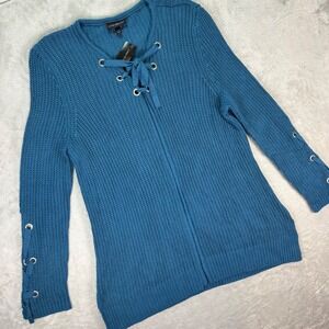 NWT Lane Bryant Womens 22/24 Lace Up Knit Sweater Teal Long Sleeve Eyelet Detail